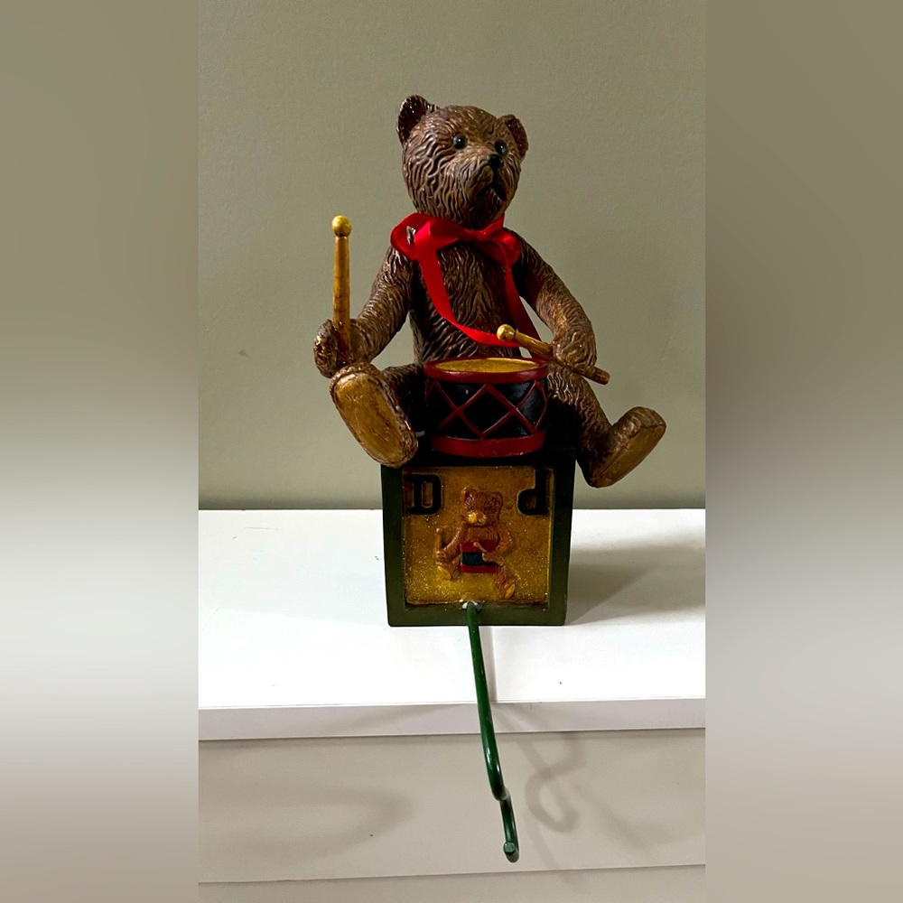 Vintage Teddy Bear on Alphabet Box "D” Stocking Holder w/Red Ribbon Heavy Solid